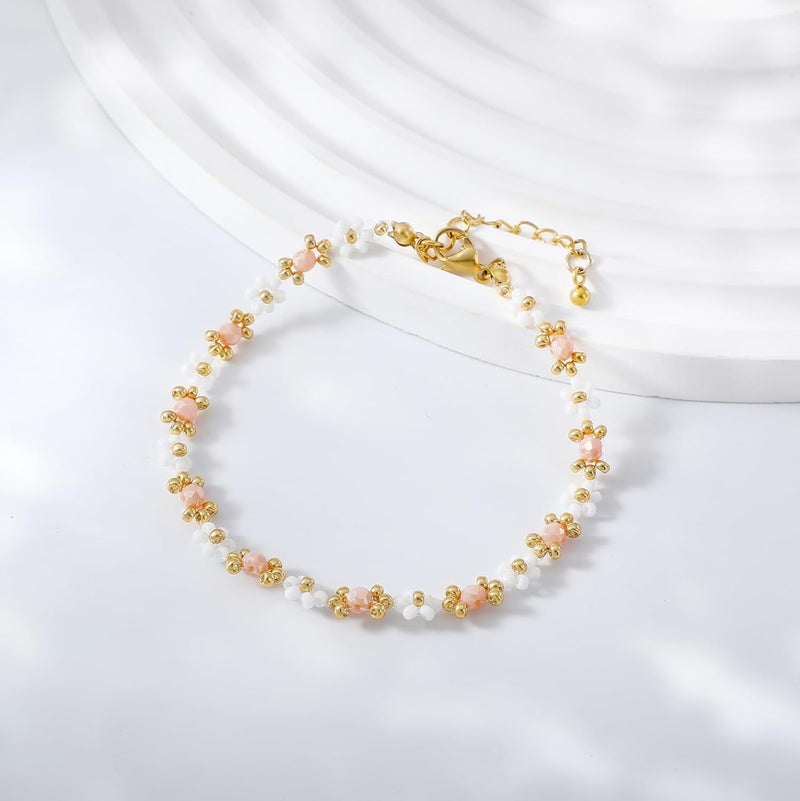 Pymach Store Dainty Gold Plated Pearl Crystal Beaded Bracelets Set for Women 14K Gold Plated Bead Pearl Beads Bracelet Stackable Paperclip Link Chain Bracelets Gold Plated Bracelets for Women Trendy Jewelry - Image 4